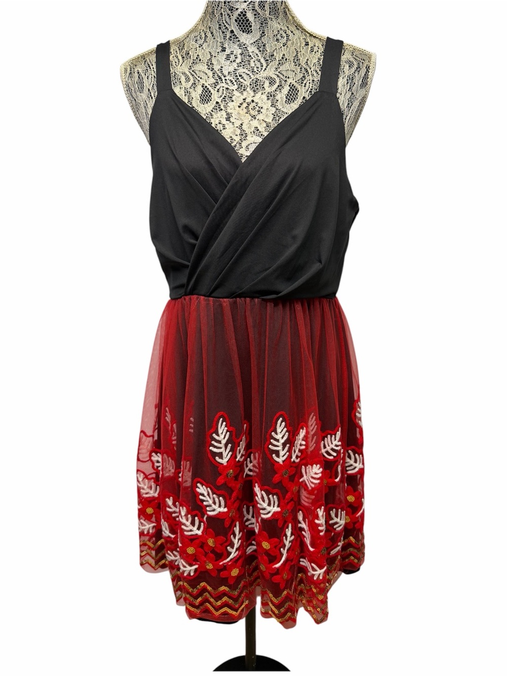DressFo US 14 Black Red Embroidered Mesh Sleeveless Cocktail Party Dress